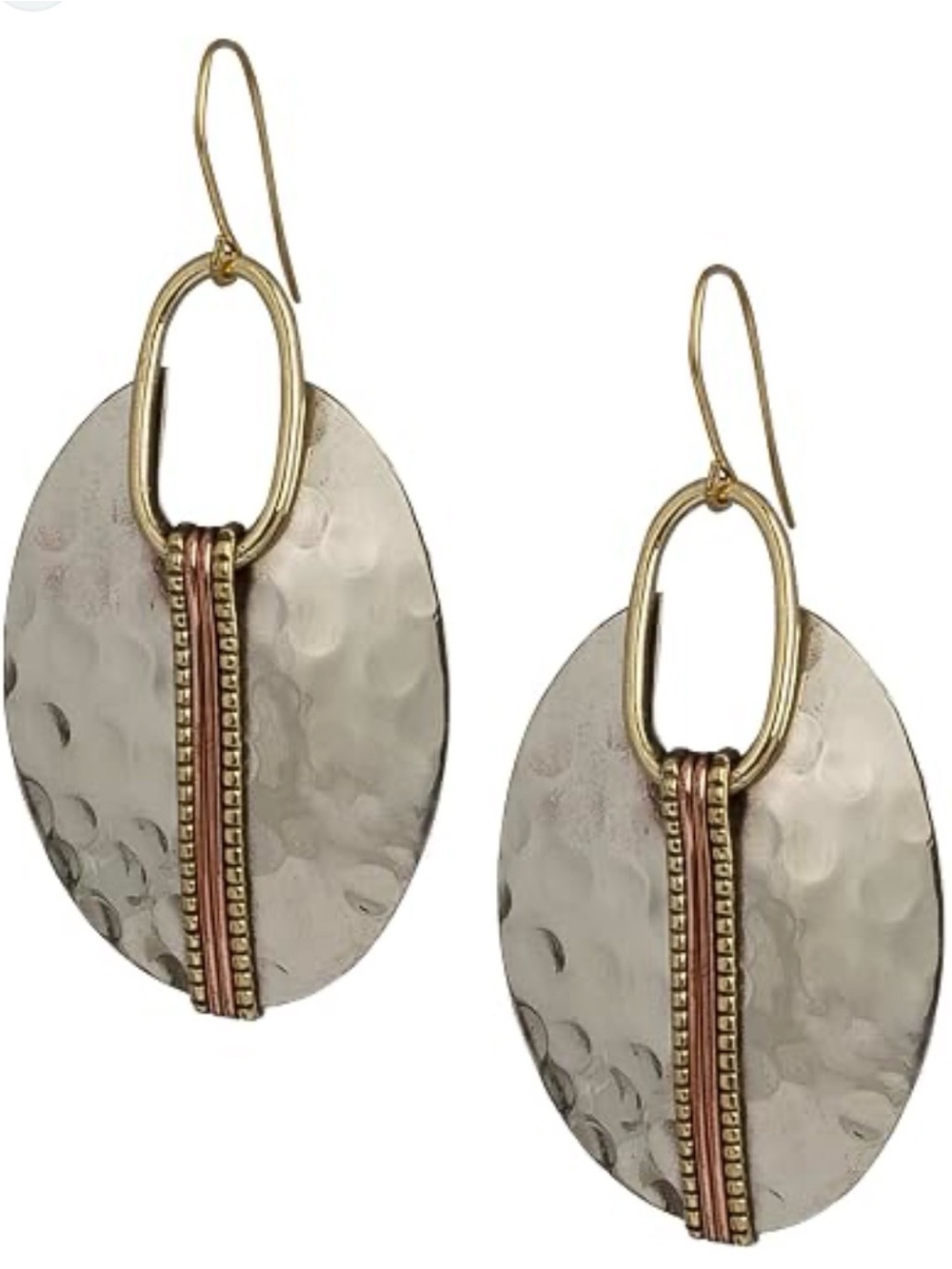 Hammered Oval Drop Earrings in Silver and Gold